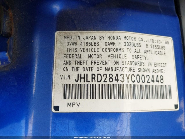 Aukcja sprzedaży 2000 Honda Cr-v Lx, vin: JHLRD2843YC002448, numer aukcji: 45845911