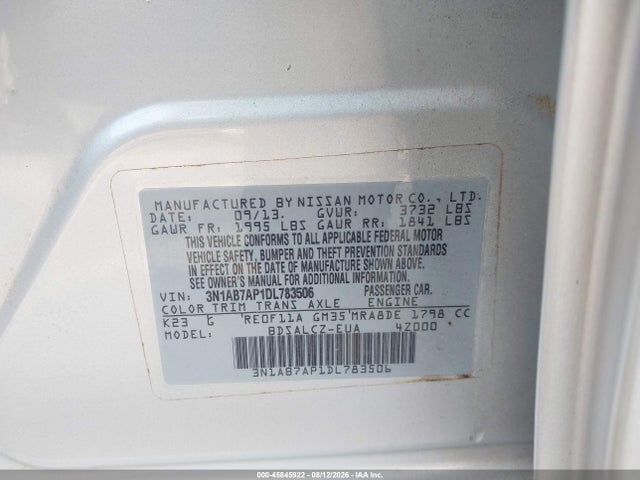 Aukcja sprzedaży 2013 Nissan Sentra S, vin: 3N1AB7AP1DL783506, numer aukcji: 45845922