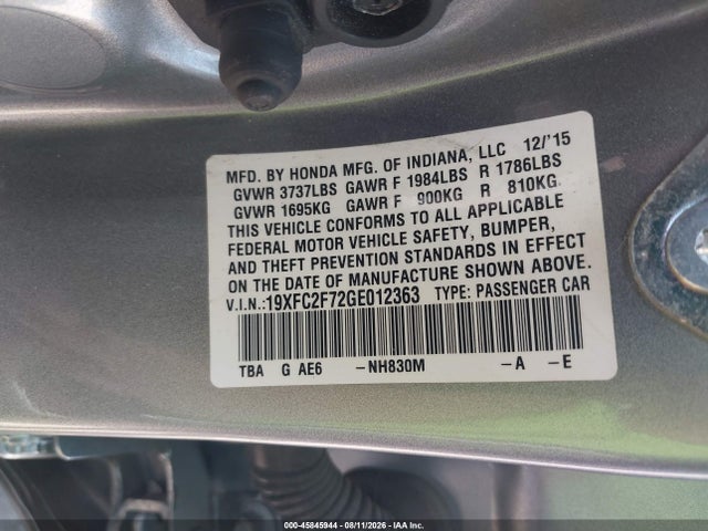 Продаж на аукціоні авто 2016 Honda Civic Ex, vin: 19XFC2F72GE012363, номер лоту: 45845944