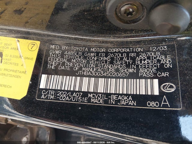 Продаж на аукціоні авто 2004 Lexus Es 330, vin: JTHBA30G345020657, номер лоту: 45845947