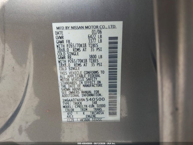 Aukcja sprzedaży 2006 Nissan Titan Se, vin: 1N6AA07AX6N540500, numer aukcji: 45845959