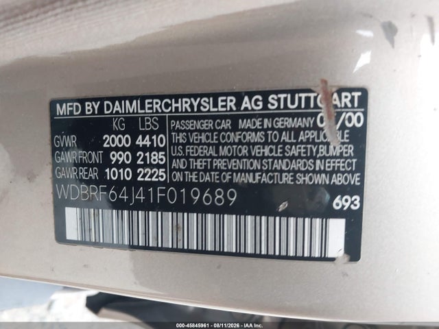 45845961 :رقم المزاد ، WDBRF64J41F019689 vin ، 2001 Mercedes-benz C 320 مزاد بيع