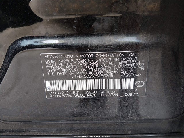 Aukcja sprzedaży 2011 Lexus Is 250, vin: JTHBF5C25B5150305, numer aukcji: 45845962