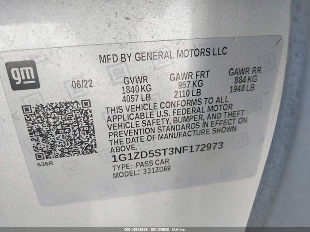1G1ZD5ST3NF172973 Chevrolet Malibu Fwd Lt