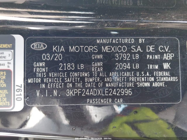 2020 Kia Forte Lxs მანქანა იყიდება აუქციონზე, vin: 3KPF24ADXLE242996, აუქციონის ნომერი: 45845973