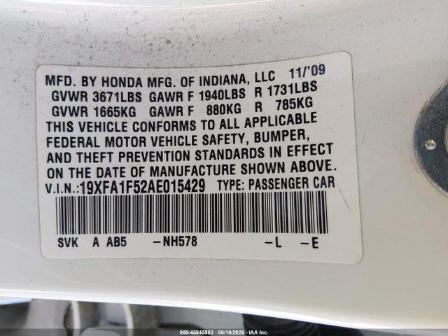 45845982 :رقم المزاد ، 19XFA1F52AE015429 vin ، 2010 Honda Civic Lx مزاد بيع