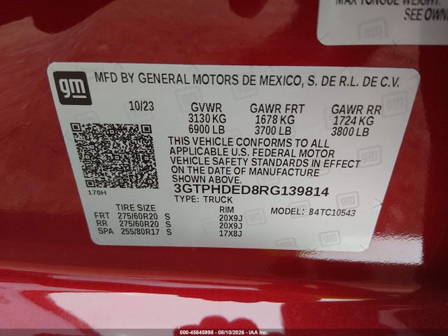 Продаж на аукціоні авто 2024 Gmc Sierra 1500 2wd  Short Box Slt, vin: 3GTPHDED8RG139814, номер лоту: 45845998