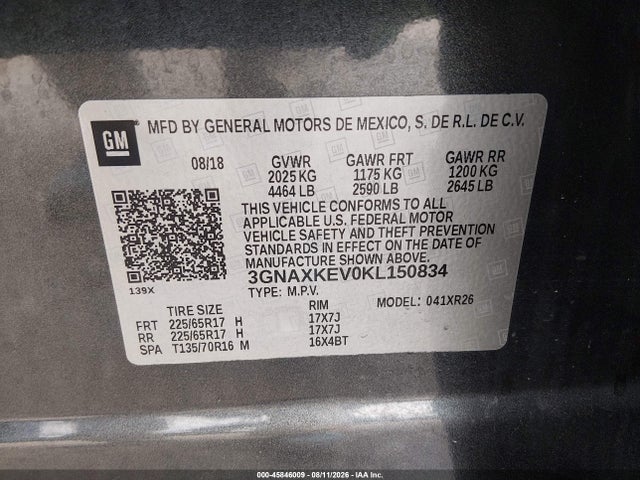 2019 Chevrolet Equinox Lt მანქანა იყიდება აუქციონზე, vin: 3GNAXKEV0KL150834, აუქციონის ნომერი: 45846009