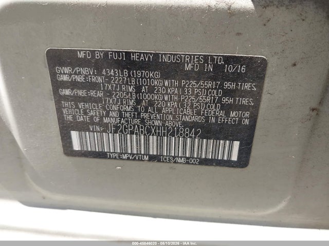Продаж на аукціоні авто 2017 Subaru Crosstrek 2.0i Premium, vin: JF2GPABCXHH218842, номер лоту: 45846020