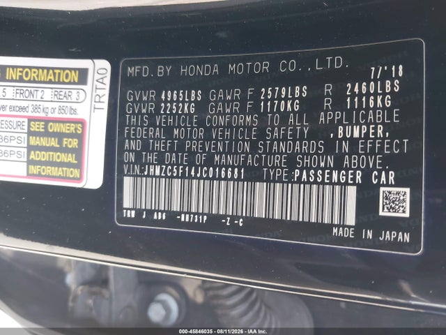 JHMZC5F14JC016681 Honda CLARITY PLUG-IN HYBRID