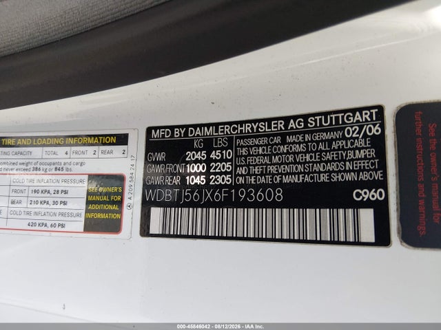 45846042 :رقم المزاد ، WDBTJ56JX6F193608 vin ، 2006 Mercedes-benz Clk 350 مزاد بيع