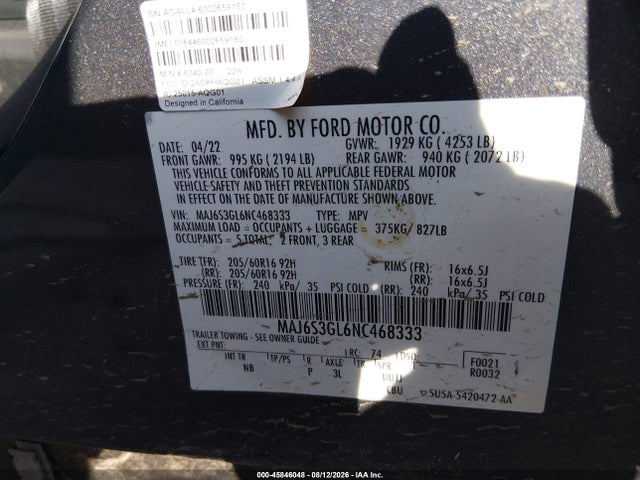 2022 Ford Ecosport Se მანქანა იყიდება აუქციონზე, vin: MAJ6S3GL6NC468333, აუქციონის ნომერი: 45846048