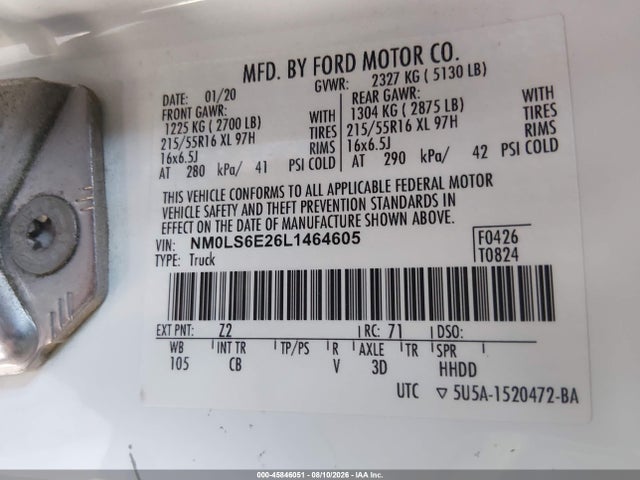 Aukcja sprzedaży 2020 Ford Transit Connect Xl, vin: NM0LS6E26L1464605, numer aukcji: 45846051
