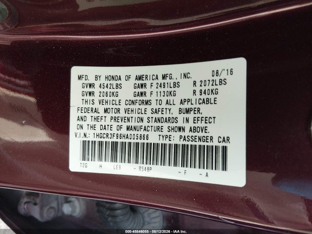 1HGCR3F96HA005866 Honda Accord Touring V6