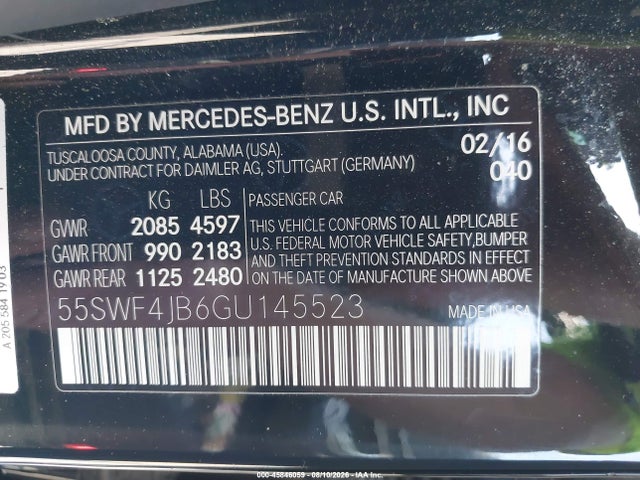 Aukcja sprzedaży 2016 Mercedes-benz C 300, vin: 55SWF4JB6GU145523, numer aukcji: 45846059