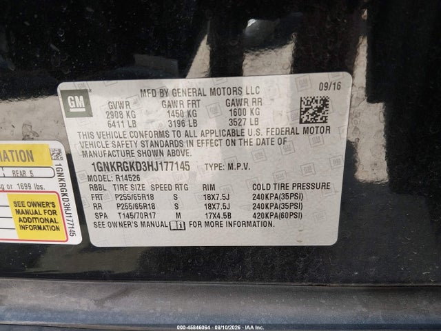 Chevrolet Traverse Lt 2017 1GNKRGKD3HJ177145 Image 9