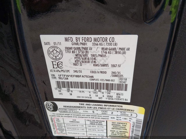 45846067 :رقم المزاد ، 1FTFW1EF8BFA75346 vin ، 2011 Ford F-150 Fx4 مزاد بيع