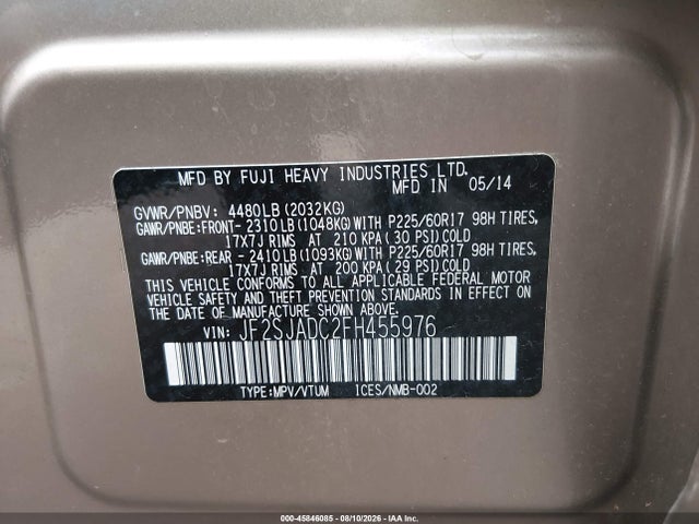 45846085 :رقم المزاد ، JF2SJADC2FH455976 vin ، 2015 Subaru Forester 2.5i Premium مزاد بيع