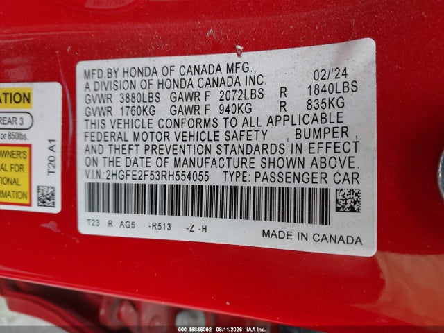 2HGFE2F53RH554055 Honda Civic Sport