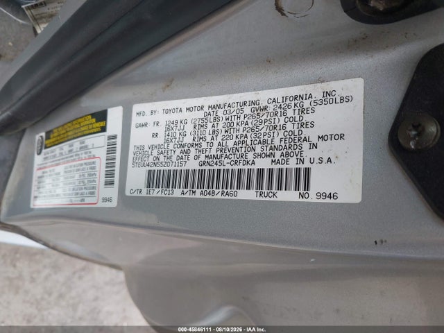 Продаж на аукціоні авто 2005 Toyota Tacoma Base V6, vin: 5TEUU42N55Z071157, номер лоту: 45846111