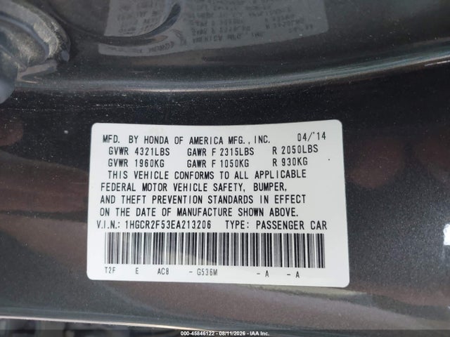 Aukcja sprzedaży 2014 Honda Accord Sport, vin: 1HGCR2F53EA213206, numer aukcji: 45846122