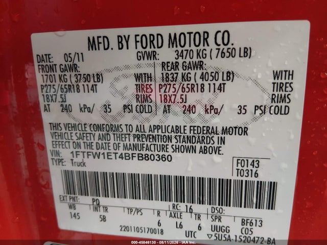 2011 Ford F-150 Fx4 მანქანა იყიდება აუქციონზე, vin: 1FTFW1ET4BFB80360, აუქციონის ნომერი: 45846130