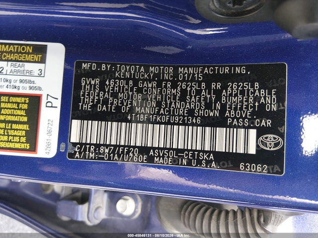 45846131 :رقم المزاد ، 4T1BF1FK0FU921346 vin ، 2015 Toyota Camry Se مزاد بيع