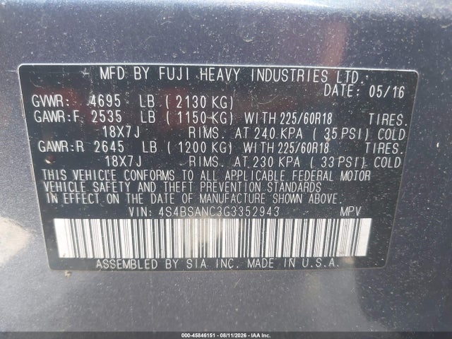 Subaru Outback 2.5i Limited 2016 4S4BSANC3G3352943 Image 9