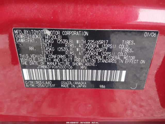 Aukcja sprzedaży 2006 Toyota Rav4 Limited V6, vin: JTMBK31V065000106, numer aukcji: 45846157