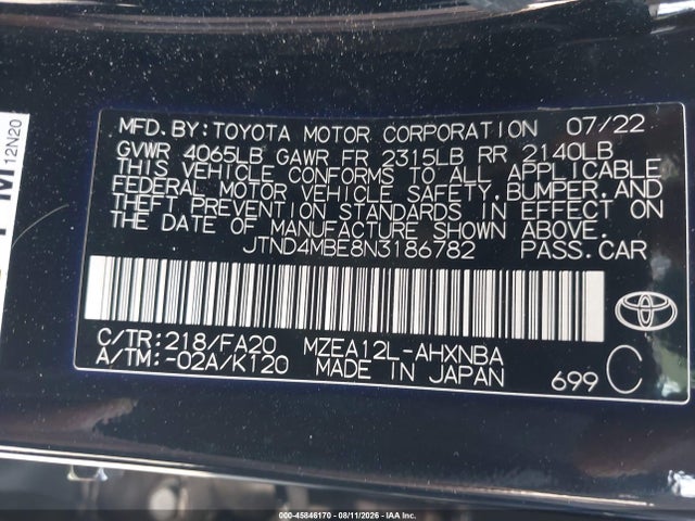 2022 Toyota Corolla Se Nightshade Edition მანქანა იყიდება აუქციონზე, vin: JTND4MBE8N3186782, აუქციონის ნომერი: 45846170