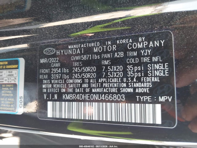 Продаж на аукціоні авто 2022 Hyundai Palisade Sel, vin: KM8R4DHE0NU466803, номер лоту: 45846182