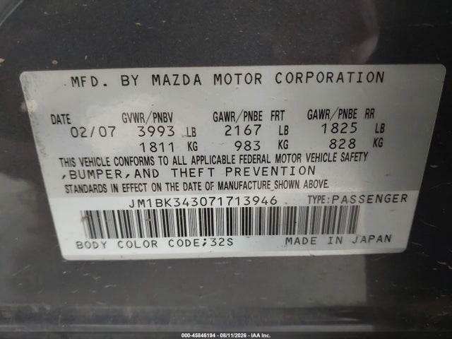 Aukcja sprzedaży 2007 Mazda Mazda3 S Touring, vin: JM1BK343071713946, numer aukcji: 45846194