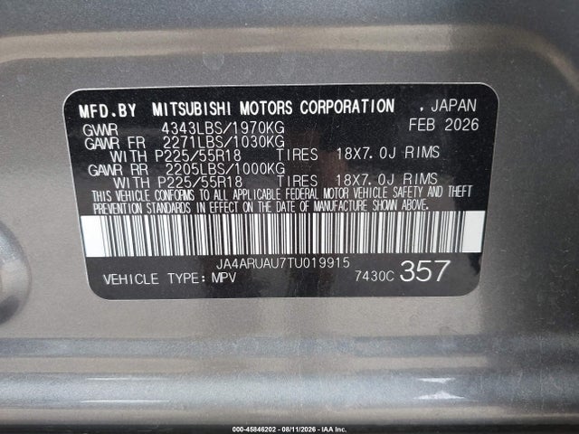 Aukcja sprzedaży 2026 Mitsubishi Outlander Sport 2.0 Es/2.0 Le/2.0 Ralliart/2.0 S/2.0 Se/2.0 Trail Edition, vin: JA4ARUAU7TU019915, numer aukcji: 45846202