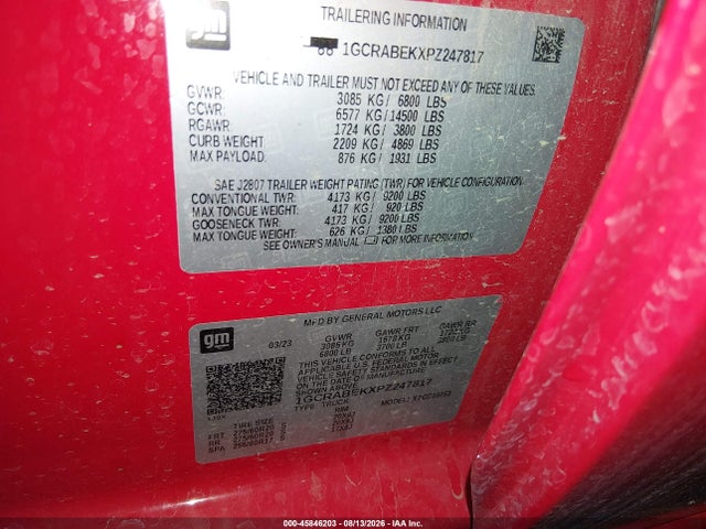 Aukcja sprzedaży 2023 Chevrolet Silverado 1500 2wd  Standard Bed Custom, vin: 1GCRABEKXPZ247817, numer aukcji: 45846203