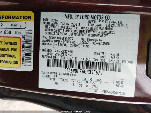Ford FUSION SE 2016 3FA6P0H76GR355679 Image 9