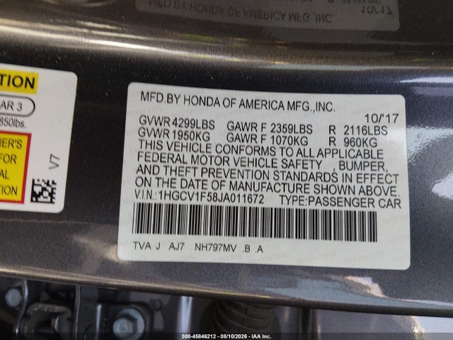 Honda Accord Ex-l 2018 1HGCV1F58JA011672 Image 9