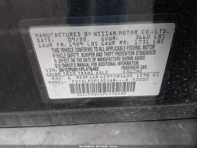 Продаж на аукціоні авто 2023 Nissan Kicks S Xtronic Cvt, vin: 3N1CP5BV1PL476482, номер лоту: 45846216