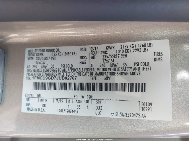 Продаж на аукціоні авто 2018 Ford Escape Se, vin: 1FMCU9GD7JUB02707, номер лоту: 45846221