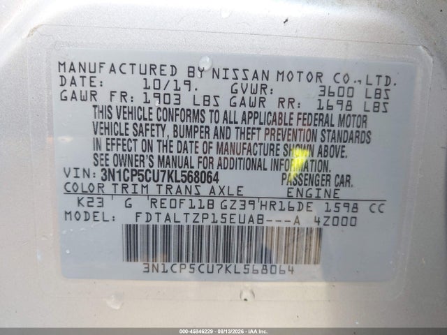 Aukcja sprzedaży 2019 Nissan Kicks Sr, vin: 3N1CP5CU7KL568064, numer aukcji: 45846229