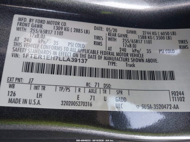 Ford RANGER XL 2020 1FTER1EH7LLA39137 Image 9