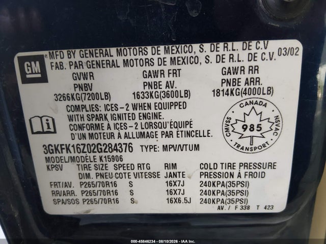 2002 Gmc Yukon Xl K1500 მანქანა იყიდება აუქციონზე, vin: 3GKFK16Z02G284376, აუქციონის ნომერი: 45846234