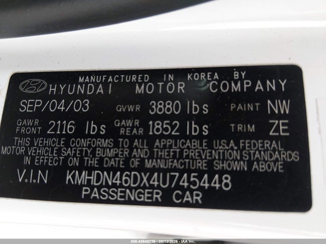Auction sale of the 2004 Hyundai Elantra Gls/gt, vin: KMHDN46DX4U745448, lot number: 45846236