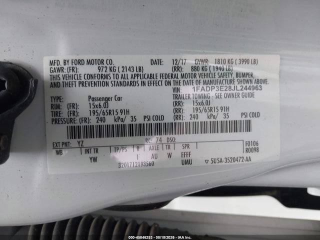 Продажа на аукционе авто 2018 Ford Focus S, vin: 1FADP3E28JL244963, номер лота: 45846253