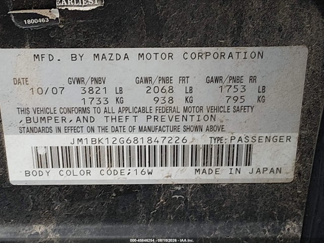 Продажа на аукционе авто 2008 Mazda Mazda3 I, vin: JM1BK12G681847226, номер лота: 45846254