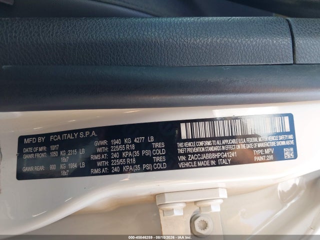 45846259 :رقم المزاد ، ZACCJABB8HPG41241 vin ، 2017 Jeep Renegade Altitude مزاد بيع