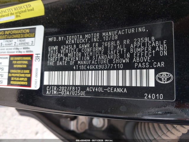 45846269 :رقم المزاد ، 4T1BE46KX9U377110 vin ، 2009 Toyota Camry Le مزاد بيع