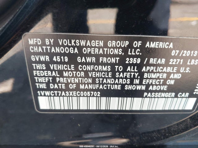 Продажа на аукционе авто 2014 Volkswagen Passat 1.8t Sel Premium, vin: 1VWCT7A3XEC005702, номер лота: 45846281