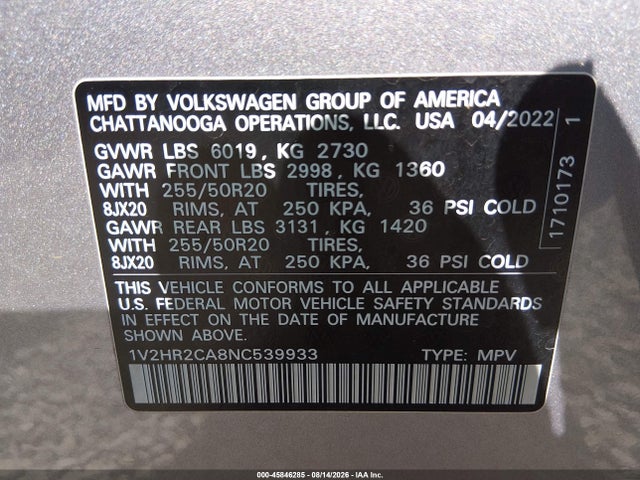 2022 Volkswagen Atlas 3.6l V6 Se W/technology მანქანა იყიდება აუქციონზე, vin: 1V2HR2CA8NC539933, აუქციონის ნომერი: 45846285