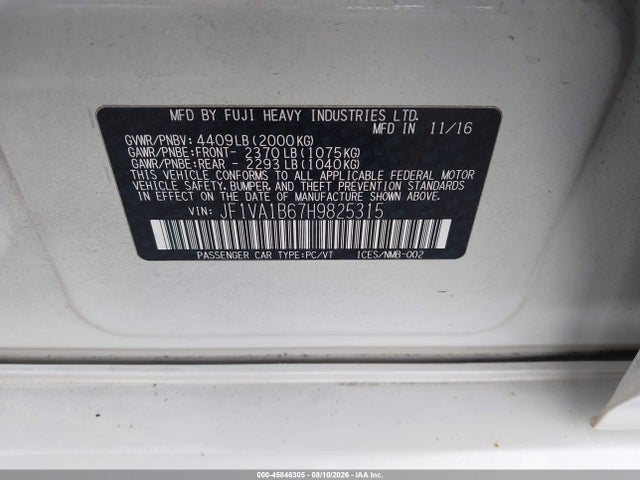 45846305 :رقم المزاد ، JF1VA1B67H9825315 vin ، 2017 Subaru Wrx مزاد بيع