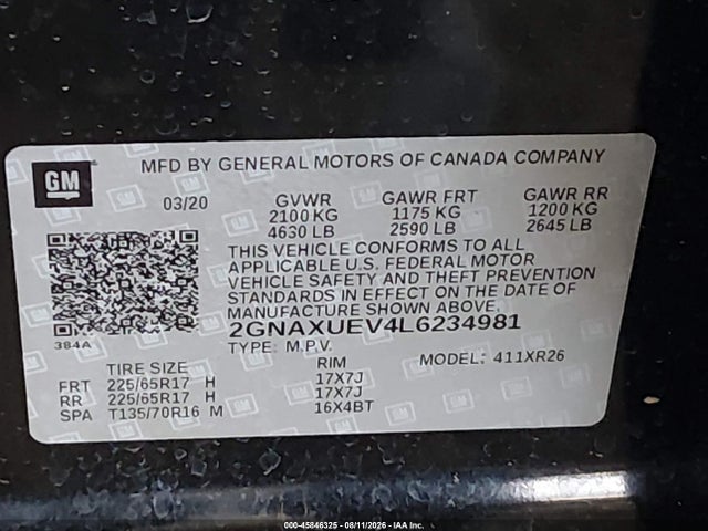 Aukcja sprzedaży 2020 Chevrolet Equinox Awd Lt 1.5l Turbo, vin: 2GNAXUEV4L6234981, numer aukcji: 45846325